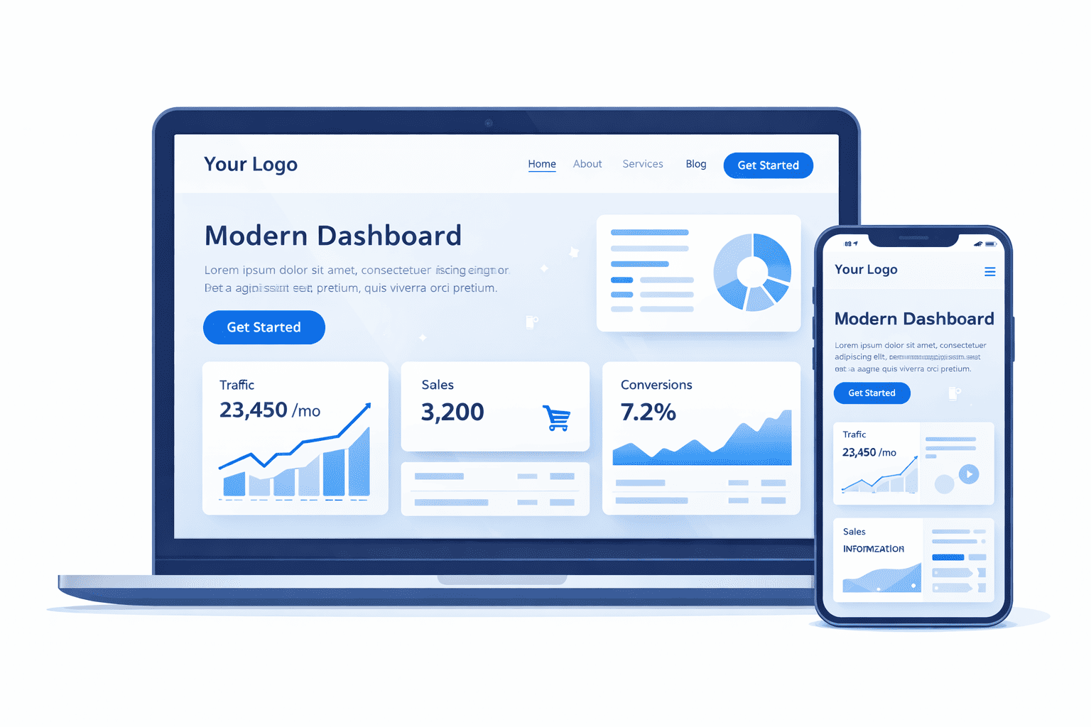Ilustrasi tampilan website responsif di laptop dan smartphone, menampilkan dashboard modern dengan layout rapi, tombol CTA jelas, teks terbaca, desain clean dan profesional, nuansa biru muda dan putih, high detail, landscape.