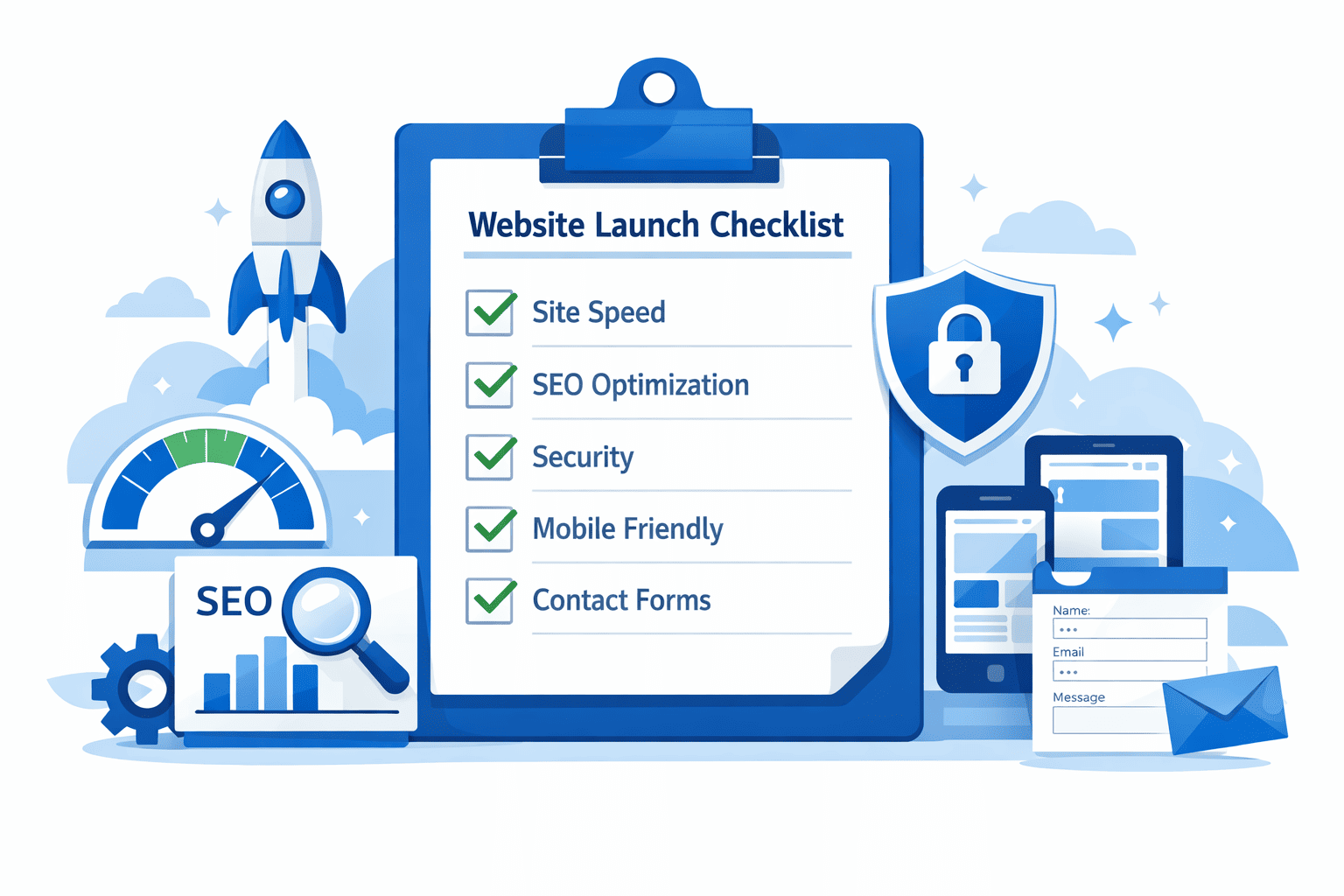 Ilustrasi modern tentang checklist peluncuran website, menampilkan clipboard dengan daftar centang, ikon kecepatan website, SEO, keamanan, mobile responsive, dan form kontak, gaya clean professional, warna biru-putih, flat illustration modern, high detail, landscape.