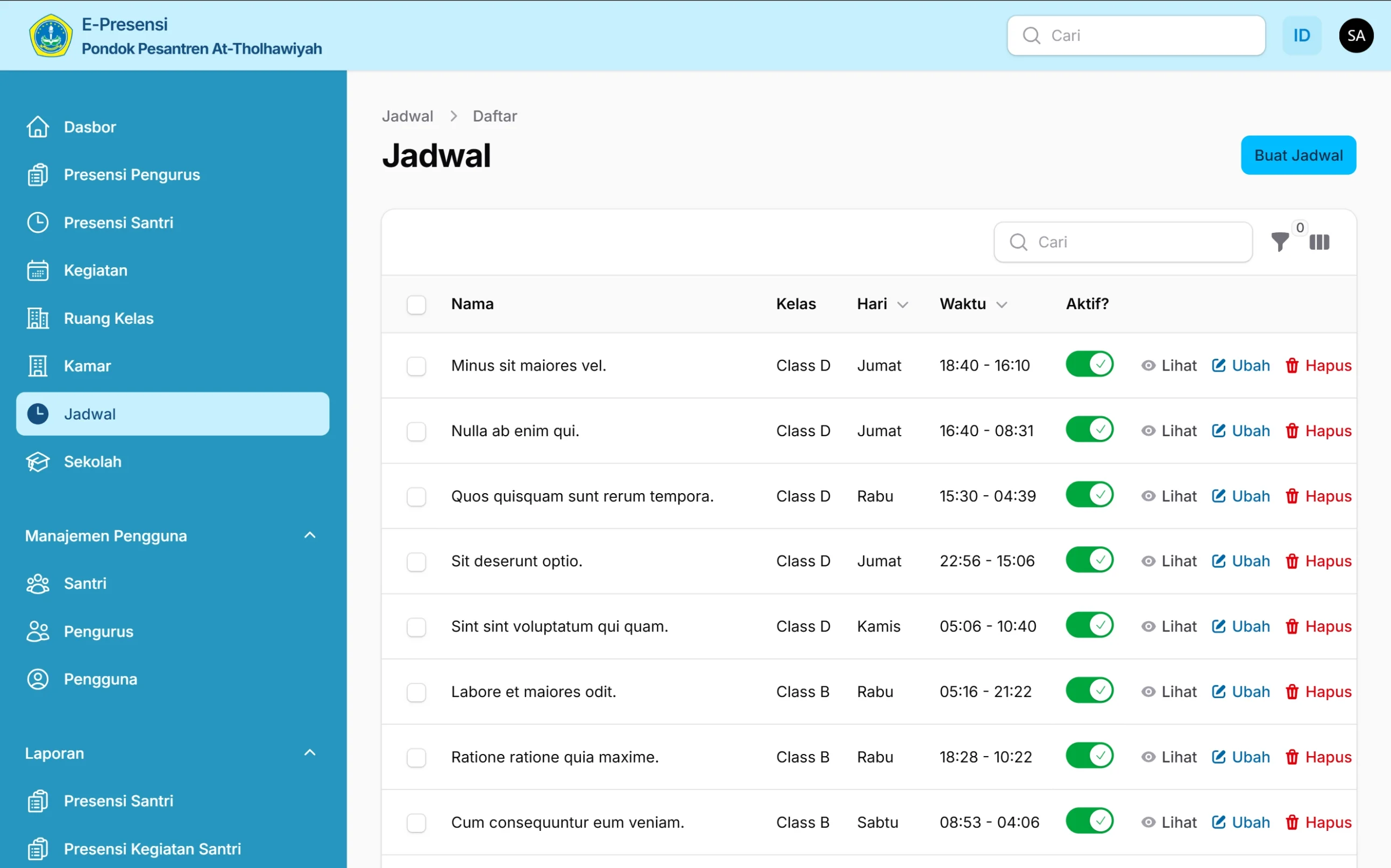 Tampilan halaman Jadwal pada sistem E-Presensi Pondok Pesantren At-Tholhawiyah di layar laptop, menampilkan daftar jadwal kegiatan beserta kelas, hari, waktu, status aktif, dan aksi pengelolaan.