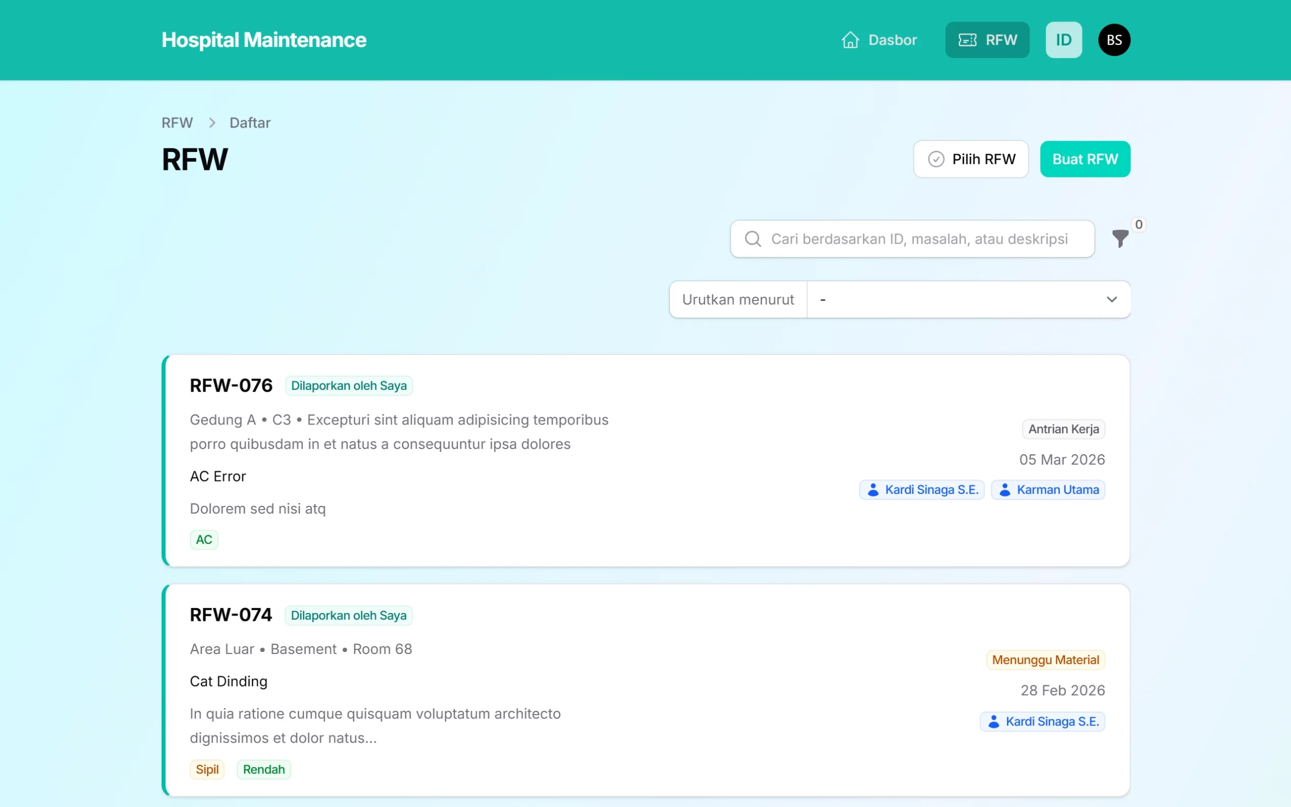 Tampilan halaman RFW pada Hospital Maintenance System untuk peran staff di layar laptop, menampilkan daftar laporan RFW beserta lokasi, deskripsi masalah, kategori, status pekerjaan, tanggal laporan, serta teknisi yang ditugaskan.